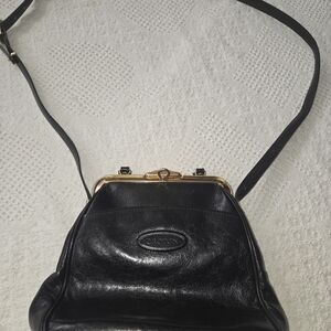 Oroton Black Leather Frame-Top Crossbody with Gold Hardware